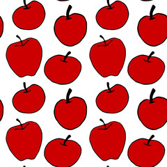 Bright red apples seamless vector pattern in doodle style. Repeating print isolated on white background. Perfect for back to school, food packaging, kitchen textiles, thanksgiving