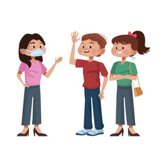 young people using medical masks characters