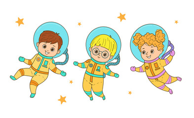 Set of vector astronaut kids. Girls and boys in astronaut costume flies