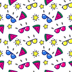 Summer background with sunglasses, watermelon, stars. Hand drawn style in vector.