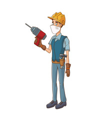 builder using medical mask with drill