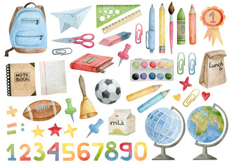 Watercolor set with school and office supplies and tools. Backpack, globe, pencil, ruler, notebook, lunch, scissors, eraser, brush, medal, paper, bell, ball, soccer, numbers. Elements for decorations.
