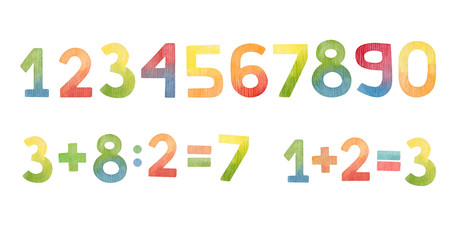 Watercolor colorful numbers and equations. Education for preschoolers and young children. Rainbow numbers from zero to nine, plus, equal, multiply.