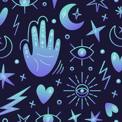 Fototapeta premium Illustration on the theme of magic, voodoo, palmistry. A set of magic symbols. The hand with the signs, the moon, the stars, the eyes. Vector illustration, background, template.
