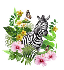 Isolated print with zebra and tropical flowers on a white background.  - 353099351