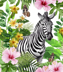 Seamless pattern with zebra and tropical flowers. © aigann25