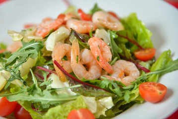 Vegetable salad with shrimp on white plate on red-white tablecloth