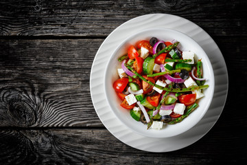 Greek salad with asparagus, view from above