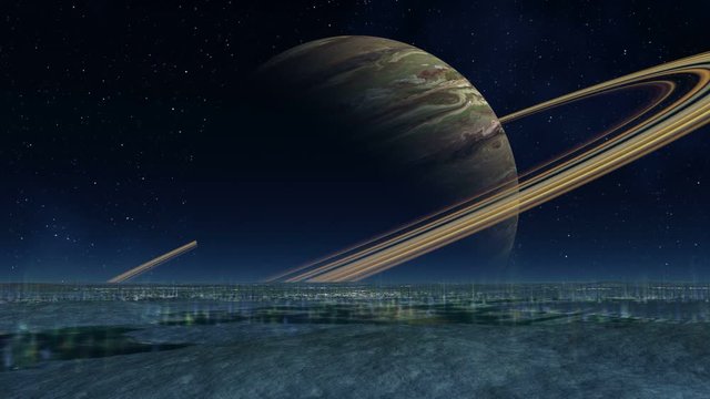 Flickering Lights on an Alien Planet. Flickering blue rays burst from the surface. In the dark starry sky, a huge planet similar to Saturn. A bright setting sun appears.