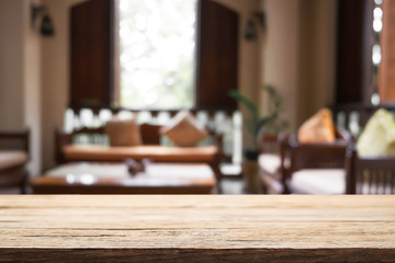 Empty desk platform over reception room background. For product display montage.