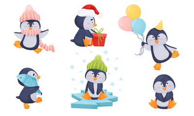 Cute Penguin Sitting on Ice Plate and Carrying Fish Vector Set