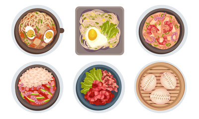 Asian Food with Noodle Soup and Seafood Dishes Served on Plate Top View Vector Set