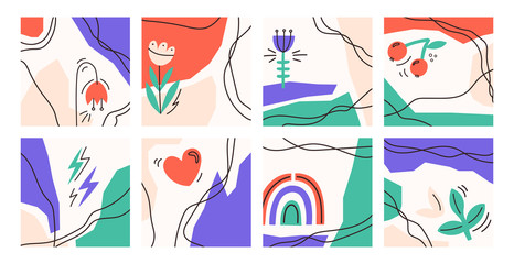 A set of abstract square backgrounds. Hand-drawn illustrations with flowers, rainbows, hearts, lightning and doodles. Modern fashion vector illustrations. Each illustration is isolated