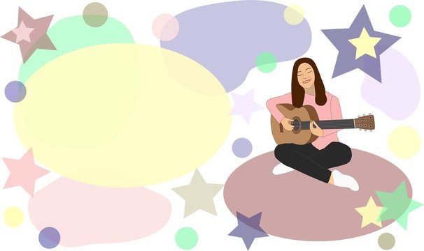Illustration. Girl playing the guitar. Colorful shapes, stars and circles are around © Viktoriia