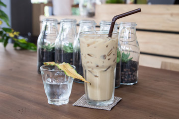 Iced coffee latte in cafe