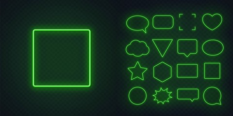 Set of green neon frames with soft glow on a transparent background. Speech bubble, square, circle, star, triangle, heart, hexagon and other glowing neon shapes on a dark background. © TanyaFox