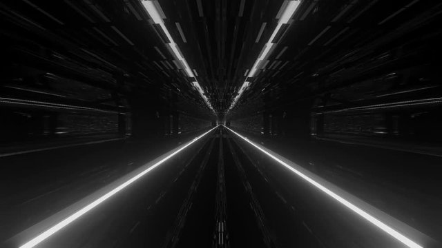 Fast moving inside dark futuristic narrow tunnel with four bright white straight parallel lines, motion graphics sci fi