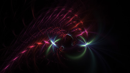 Abstract colorful red and green glowing flowers. Fantasy light background. Digital fractal art. 3d rendering.