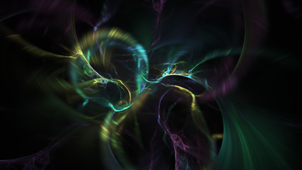 Abstract colorful golden and green glowing shapes. Fantasy light background. Digital fractal art. 3d rendering.