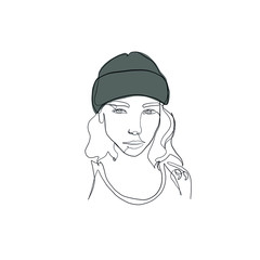 Abstract linear woman in hat. Minimal portrait. Head fashionable accessory. One line continuous. Beauty and glamour concept. Cap headgears for lady. Hand drawn vector illustration. 