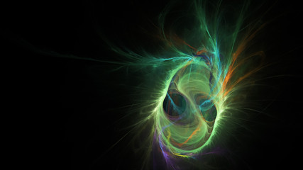 Abstract colorful orange and green glowing shapes. Fantasy light background. Digital fractal art. 3d rendering.
