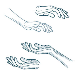 Hand palms engraving style vector illustration. Protect and care concept metaphor graphic. Part of set. 