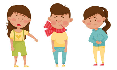 Sick Children Standing and Feeling Unwell Vector Illustrations Set
