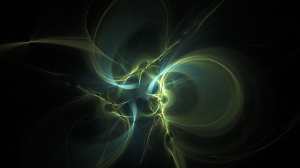 Abstract colorful golden and green glowing shapes. Fantasy light background. Digital fractal art. 3d rendering.