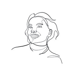 Minimal line vector female face with happy expression. Human emotion with smile. Linear glamour woman in minimal style. Continuous line drawing. Beauty simple portrait woman face. 