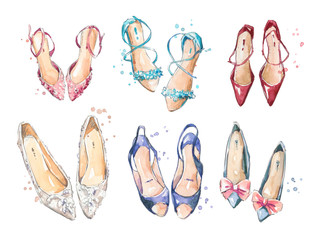 Set of watercolor hand painted shoes, fashion illustration