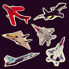 A set of stickers on the theme of military aviation, jet fighter aircraft.