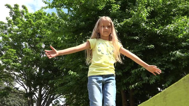 Kid Playing at Playground, Happy Girl, Child Relaxing Outdoor in Nature, Children in Park