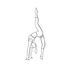 Healthy gymnast woman doing yoga. Girl stretching. Healthy lifestyle. Linear silhouette of beauty female body in yoga position isolated on white background. Continuous line art. 