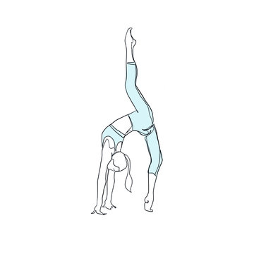 Healthy gymnast woman doing yoga. Girl stretching. Healthy lifestyle. Linear silhouette of beauty female body in yoga position isolated on white background. Continuous line art. 