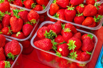 Tasty juicy strawberry berries in boxes, on the market