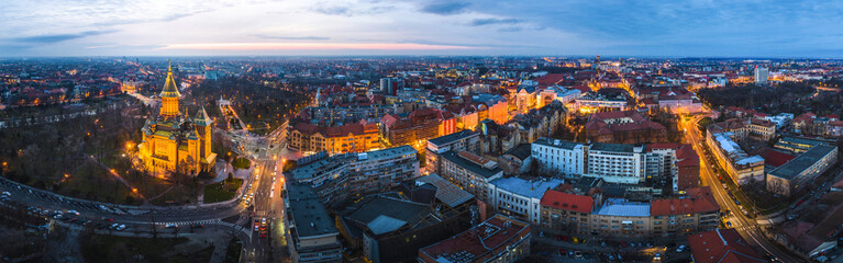 Naklejka premium Wide panorama of Timisoara city, Romania. Timisoara at twiligh evening time