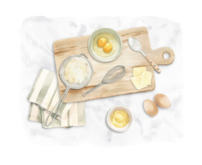 illustration about baking - eggs, flour in sieve, whisk and tea towel on a cutting board ant green tea towel