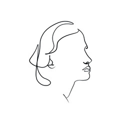 Linear woman beautiful simple face. Minimal logo. Vector icon design. Continuous line drawing. Woman portrait. Glamour vogue concept. 