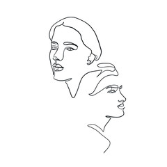 Linear lovers. Man and woman faces in minimal style. One continuous line drawing two human. Logo couple in love. Silhouette male and female. Vector design for Valentines day, wedding invitations.