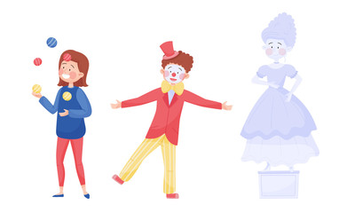 Young Street Performers with Girl Juggling with Balls and Boy in Clown Costume Vector Illustrations Set