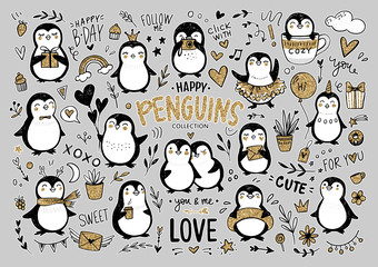Doodle penguins, hand drawn set of funny animals. Vector Penguin character in sketch style.