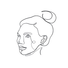 Minimal line vector female face with happy expression. Human emotion with smile. Linear glamour woman in minimal style. Continuous line drawing. Beauty simple portrait woman face. 
