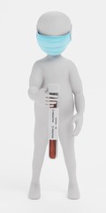 3D Render of Cartoon Character with Face Mask and Covid-19 Test Tube