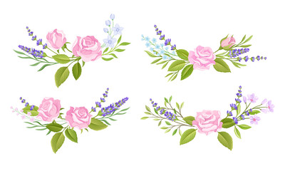 Floral Arrangement with Rose Flower and Lavender Twigs for Border or Corner Decoration Vector Set
