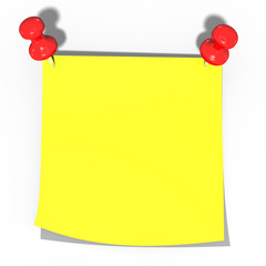 Pinnwand Nadeln mit gelben Notizzettel angepinnt, freigestellt