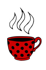 Red polka dot Cup. Mug with steam from a hot drink. Hand drawn simple kitchen supplies. Vector illustration isolated on white background