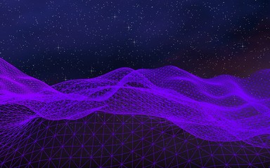 Abstract ultraviolet landscape on a dark background. Purple cyberspace grid. hi tech network. Outer space. Violet starry outer space texture. 3D illustration