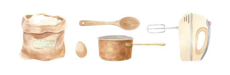 aking equipment illustration - sack of flour, wooden spoon, egg, kitchen mixer.