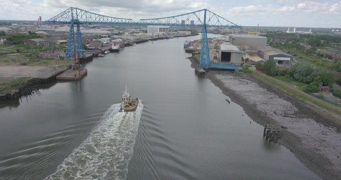 The iconic Middlesbrough Transporter Bridge that crosses the River Tees between Stockton and Middlesbrough.
