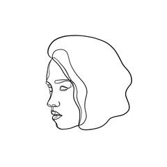 Woman face drawn one continuous line. Fashion concept. Woman beautiful face in minimal style. Abstract linear silhouette. Simple icon, logo. Vector illustration